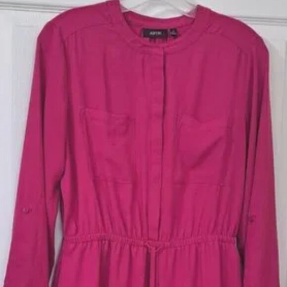 ***Fuchsia Long Sleeve Button Up Elastic Waist Dress*** - Picture 1 of 2